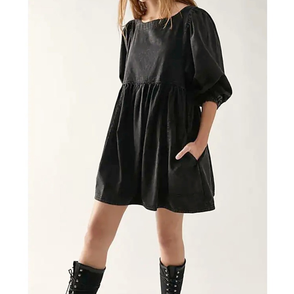 Free People Get Obsessed Mini Dress Babydoll Denim Small Black Cotton Mini Boho